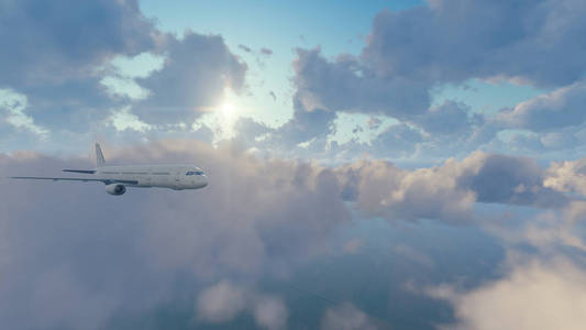 客机在晴朗的天空与云