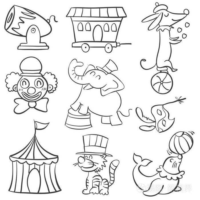 涂鸦风格的可爱动物的马戏团插画-正版商用图片0u2gej-摄图新视界