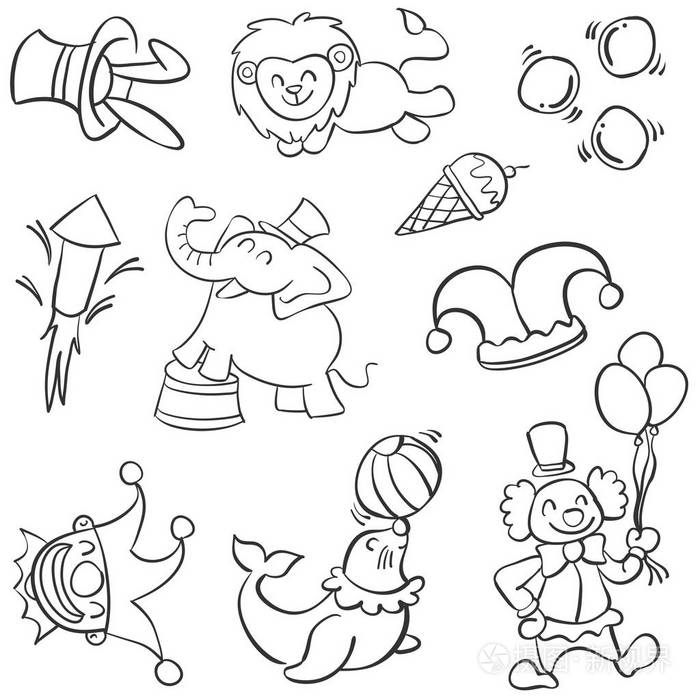 动物和小丑的马戏团涂鸦插画-正版商用图片0u2gtn-摄图新视界