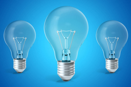 三轻灯泡的想法，创新的概念。3d 渲染