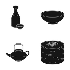 酱油 面条 kettle.rolls.Sushi 中的黑色风格矢量符号股票图 web 设置集合图标