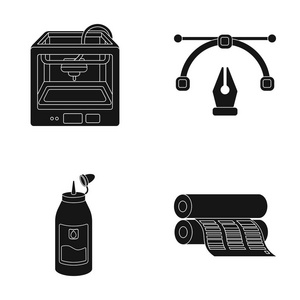3d 打印机 报纸打印机 墨水 钢笔。排版中的黑色风格矢量符号股票图 web 设置集合图标