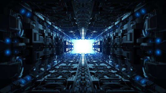 飞船走廊3d 插图未来派设计太空飞船内部无限走廊照片