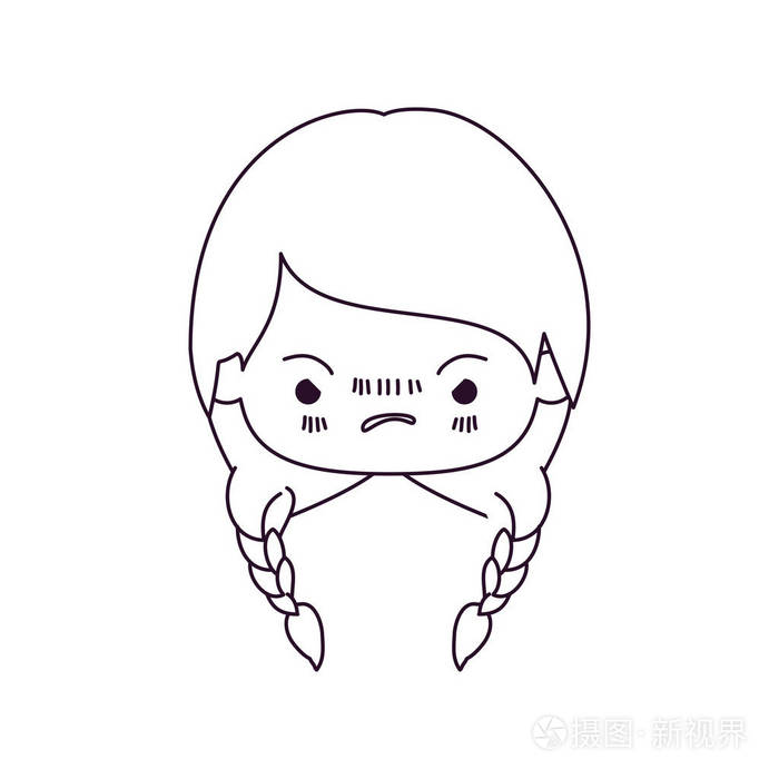 卡哇伊的单色剪影头辫的头发,面部表情生气的小女孩插画-正版商用图片