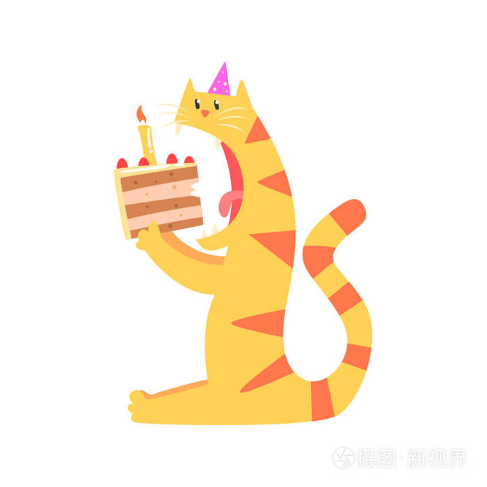 可爱的卡通虎咬一块蛋糕.快乐的生日炫彩矢量图