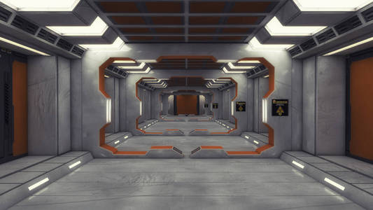 3d 渲染。未来派室内走廊宇宙飞船