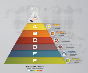 6 步骤金字塔与文本在每个级别上的可用空间。信息图表，演示文稿或广告