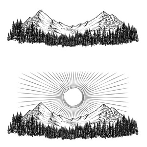 手绘矢量插图与针叶林山脉上他们和太阳