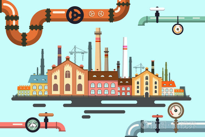 与管道的老厂.矢量平面设计插画