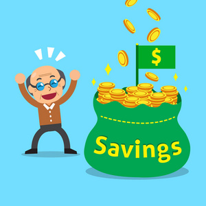 卡通老人与大储蓄的钱袋子照片