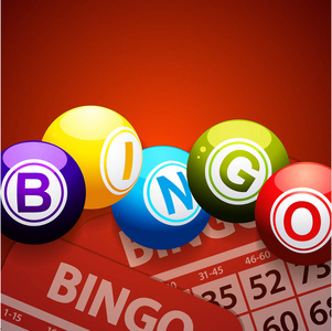 Bingo 球和红色背景上卡