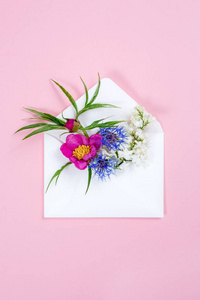 多姿多彩的夏天花在粉红色的背景上的信封里
