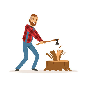 伐木人穿红色的花格子衬衫,劈柴斧头的丰富多彩的人物矢量图照片