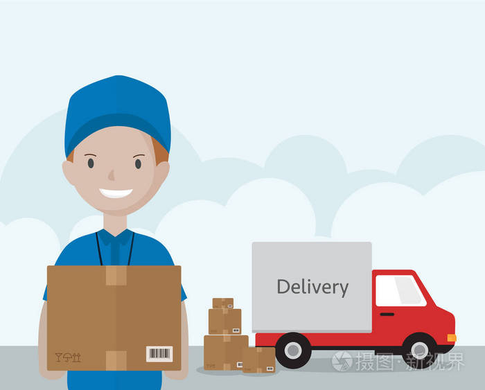 卡通送货的男子扛着箱子的蓝色制服