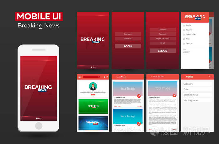 移动应用程序打破新闻材料设计 Ui，用户体验，Gui。反应灵敏的网站