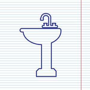浴室水槽标志。矢量。在笔记本纸为背景用红线为字段上的海军线图标