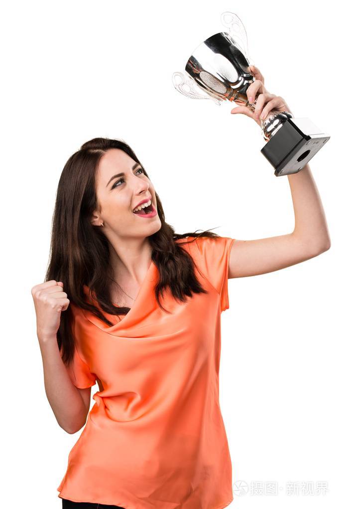 年轻漂亮的女孩,手拿奖杯照片-正版商用图片0u3wy5-摄图新视界