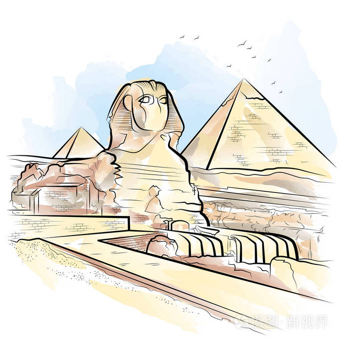 绘图颜色金字塔和狮身人面像吉萨,埃及