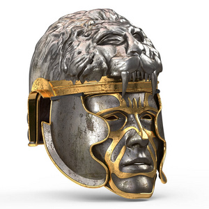 中世纪的幻想头盔关闭与铁面具和狮子的顶端，孤立的白色背景。3d 图