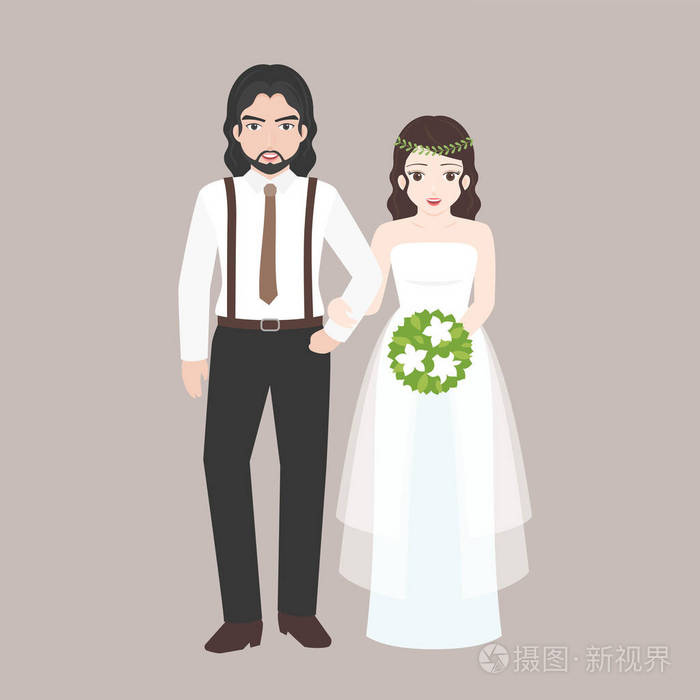 新郎步行臂挽着臂与桥梁 情人夫妇的婚礼服装概念 平面设计矢量插画 正版商用图片0u43mx 摄图新视界
