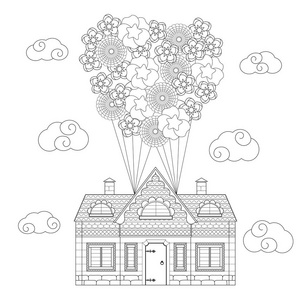 村屋，在一个气球花上飞在云霄。为儿童和成人的图画书。矢量图