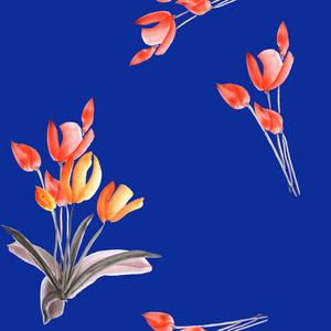 无缝模式的郁金香与红色的花，深蓝色的背景上。水彩