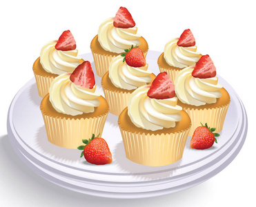 白色的桌子上的草莓蛋糕。夏天五颜六色美味甜点矢量图