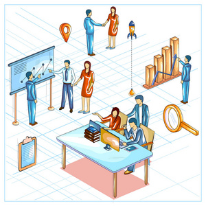 平面样式 3d 等距视图的商务会议和会议