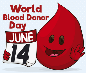 可爱的血滴举行庆祝献血者日，矢量图的日历