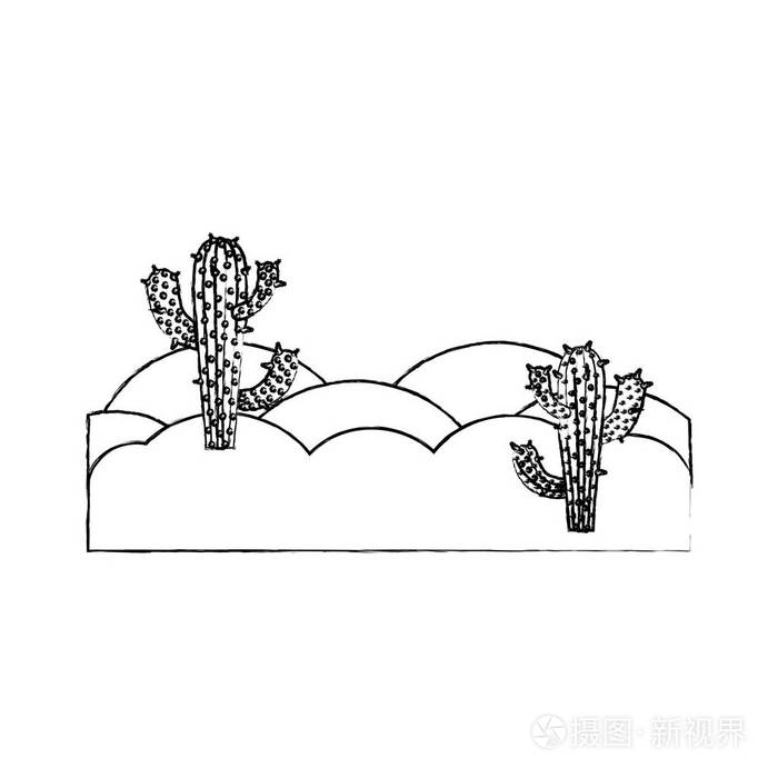 单色模糊与仙人掌沙漠景观剪影插画-正版商用图片0u4ejq-摄图新视界