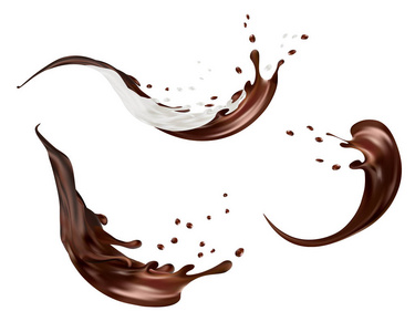 牛奶和巧克力溅矢量孤立在白色的背景。浇注液体或奶昔爱上滴和污点。3d 图