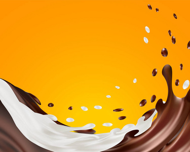 牛奶和巧克力扭曲，扭曲的空气中 3d 插图透明背景上孤立的两个甜汁