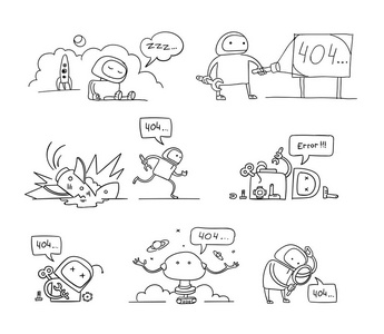 创意速写手绘设置 404 错误页面未找到矢量速写搞笑宇航员运行维修的