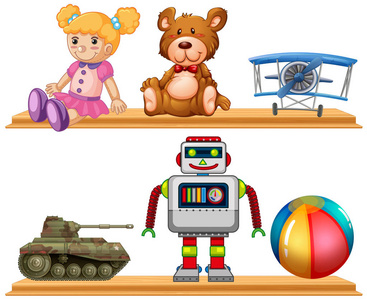 不同类型的木架子上的玩具