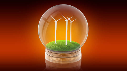 与生态友好型风车里面的透明球体球。3d 渲染