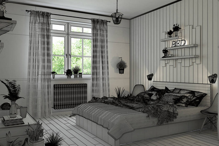 白色的卧室 3d 室内渲染