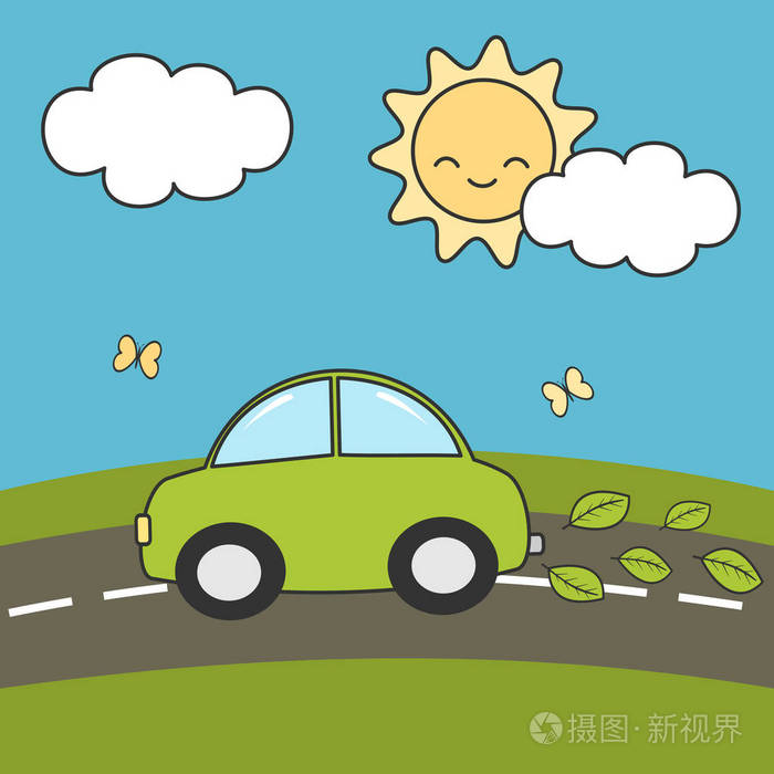 可爱的卡通生态绿色环保车上亮丽的风景线矢量概念图