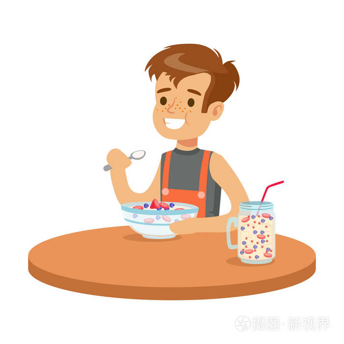 在厨房里,丰富多彩的人物矢量图在吃早饭的可爱微笑的男孩插画-正版