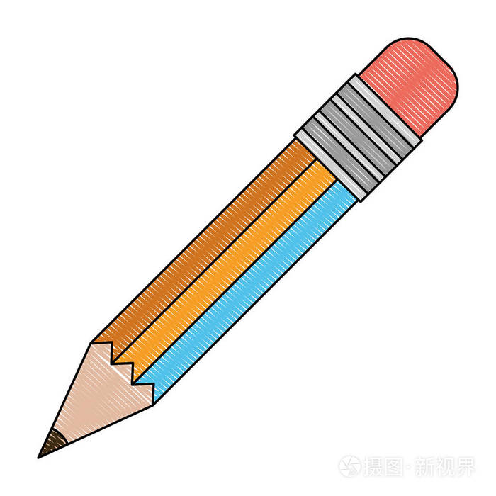 彩色的蜡笔剪影的铅笔和橡皮擦带有白色背景