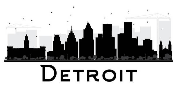 底特律城市天际线黑白剪影