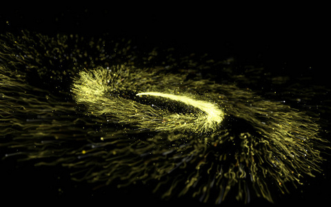 抽象金闪闪发光螺旋扭曲波光粼粼尘埃颗粒的踪迹在黑色背景上