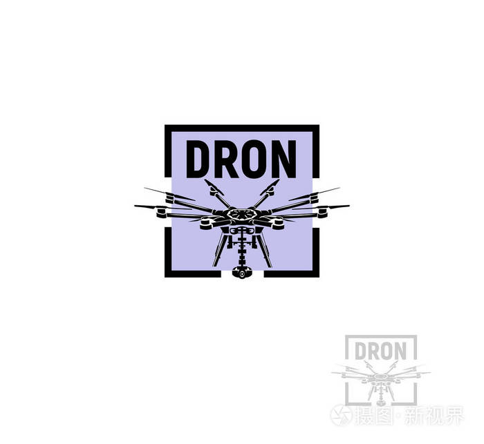 孤立的方形紫颜色直升机 logo 白色背景, 无人驾驶的飞行器标识, rc