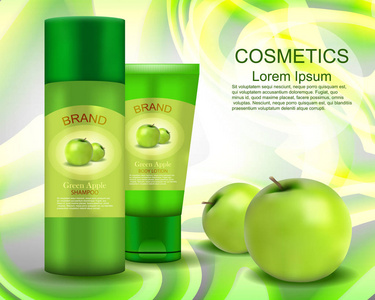 洗发水。润肤露。绿色的苹果。现实。化妆品