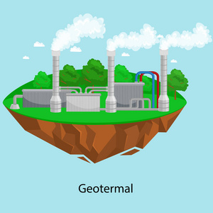 替代能源电力工业，绿草生态学概念，技术的可再生站矢量 illustratin geotermal 电站厂电