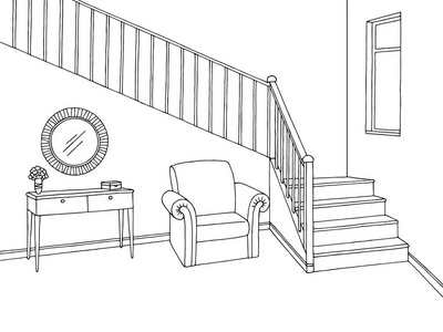 素描黑走廊上图形楼梯黑白色室内素描图矢量照片