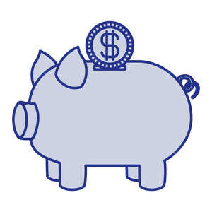 蓝色轮廓的形状的猪和硬币的扑满