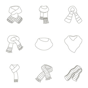 美丽羊毛 丝绸色温暖 scarves 的披肩。围巾和对大纲样式设置集合中的 shawles 图标矢量符号股票图