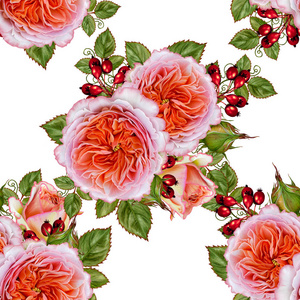 无缝花纹。美丽精致的粉红色玫瑰的分支。绿叶，明亮的红色浆果。黄金的质地