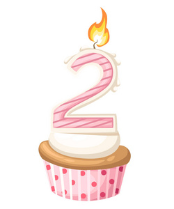快乐二 2 生日女孩卡与蛋糕和蜡烛在平面设计风格，矢量图