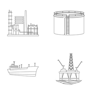 炼油厂 油罐 油轮 塔。油在大纲样式矢量符号股票图 web 设置集合图标